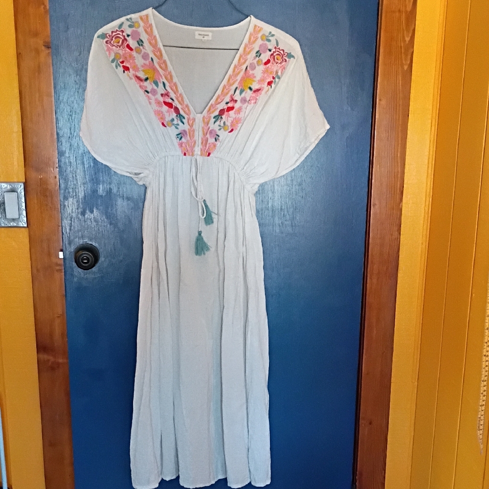 Cost Plus World Market White Maxi Dress with Colorful Embroidery